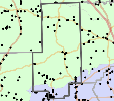 Ecological drainage unit locality map for Bollinger County, Missouri
