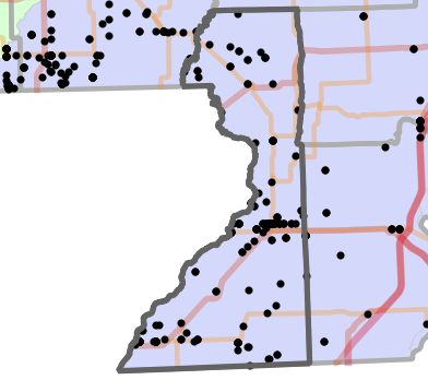 Ecological drainage unit locality map for Dunklin County, Missouri