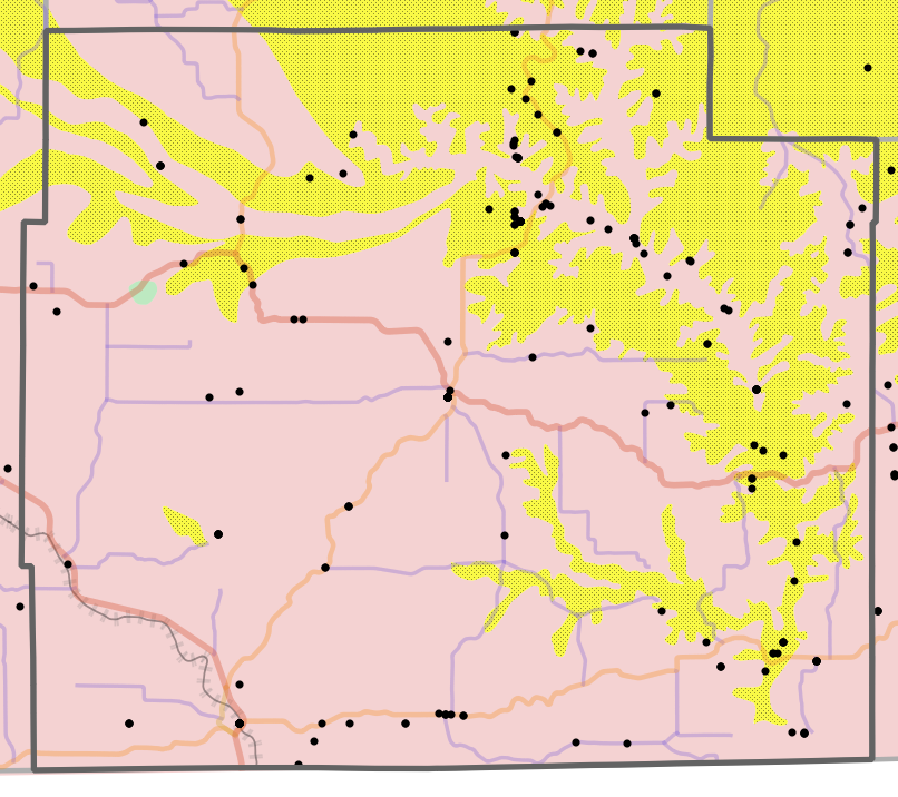 Geology locality map for Oregon County, Missouri