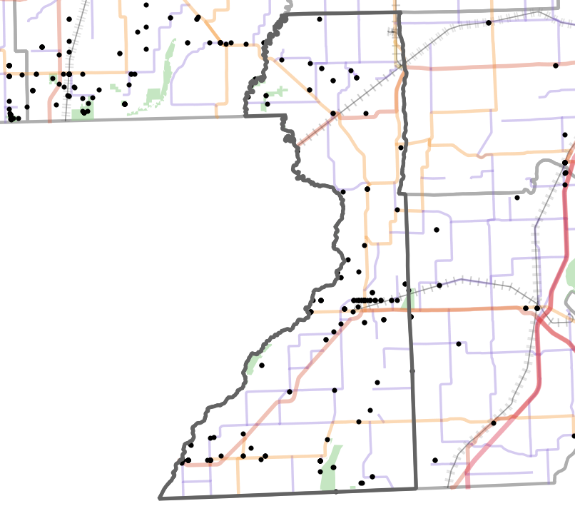 Landmark locality map for Dunklin County, Missouri