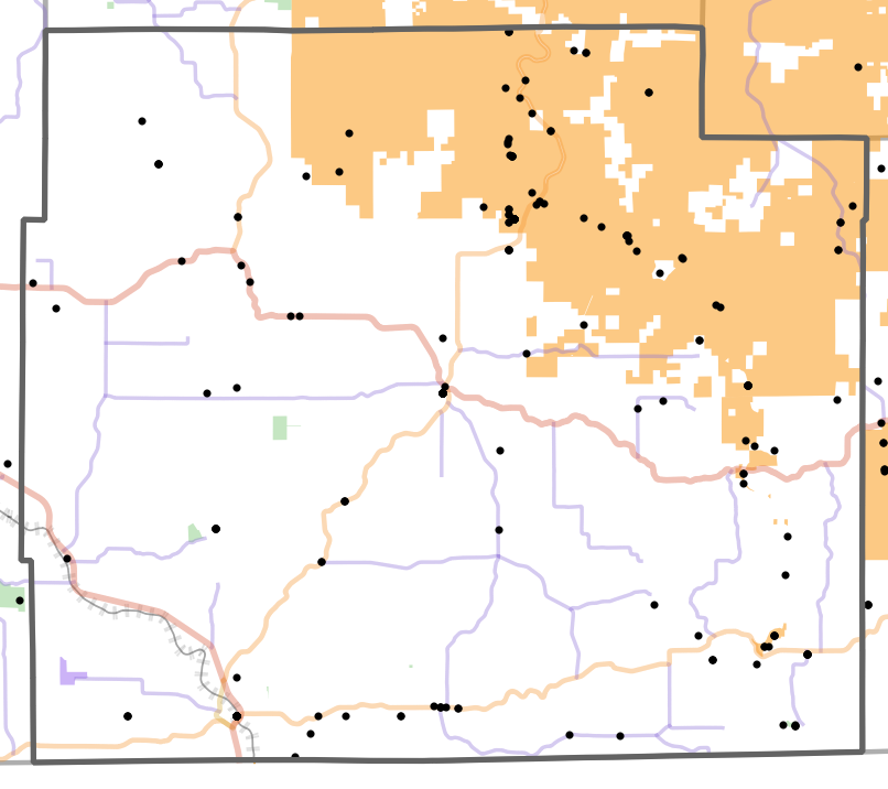 Landmark locality map for Oregon County, Missouri