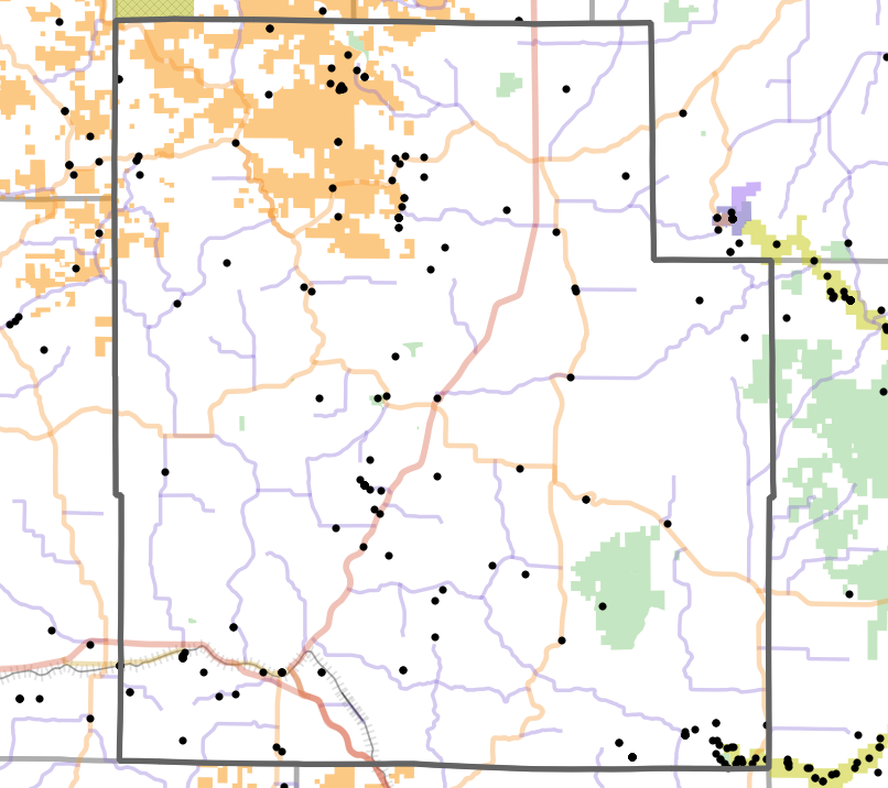 Landmark locality map for Texas County, Missouri