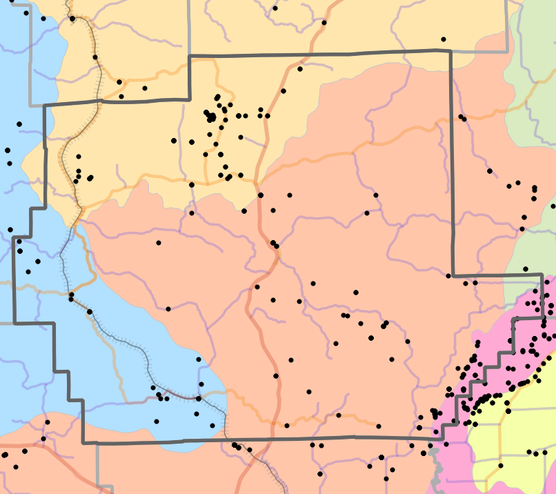 Level IV Ecoregion locality map for Wayne County, Missouri