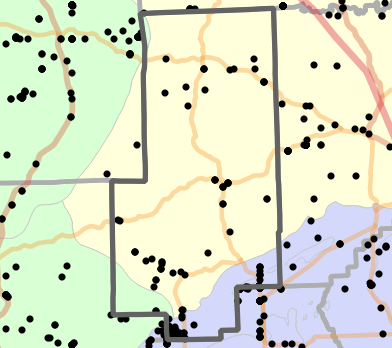Natural divisions and sections locality map for Bollinger County, Missouri
