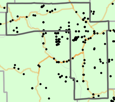 Natural divisions and sections locality map for Iron County, Missouri