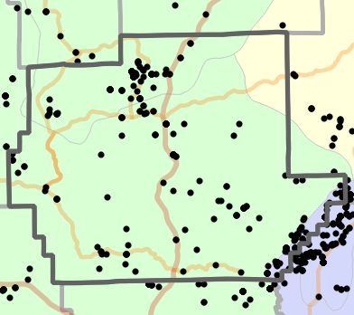 Natural divisions and sections locality map for Wayne County, Missouri