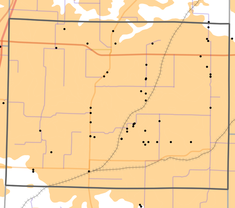 Presettlement prairie locality map for Caldwell County, Missouri