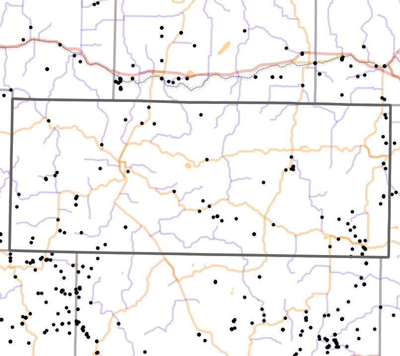 Presettlement prairie locality map for Douglas County, Missouri