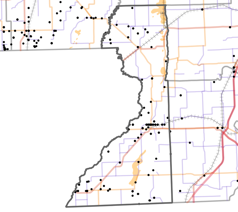 Presettlement prairie locality map for Dunklin County, Missouri