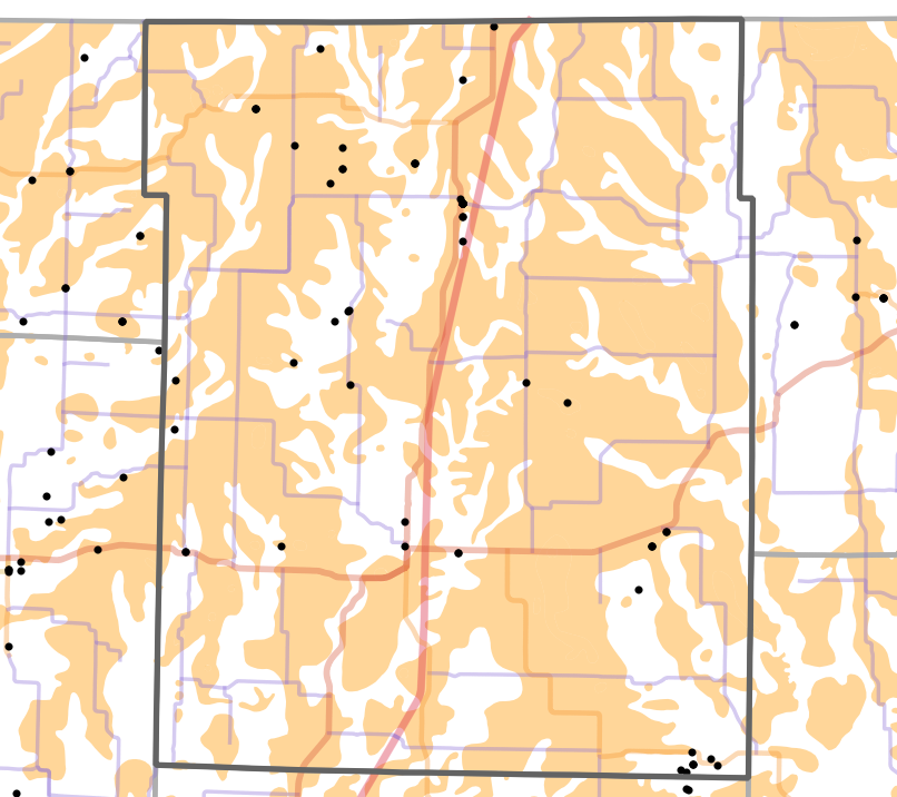 Presettlement prairie locality map for Harrison County, Missouri