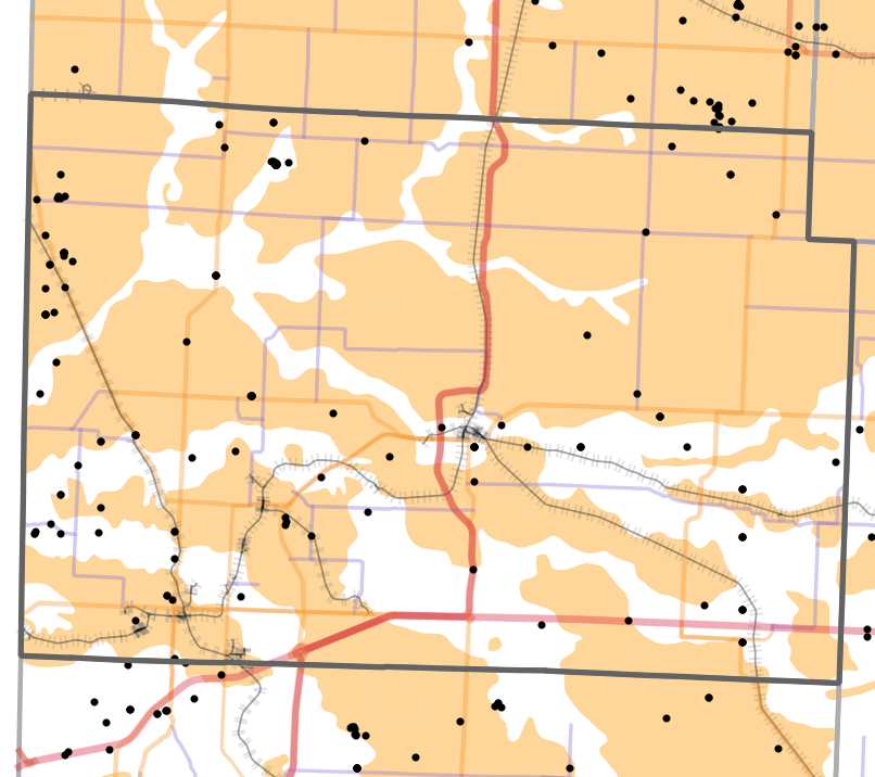 Presettlement prairie locality map for Jasper County, Missouri