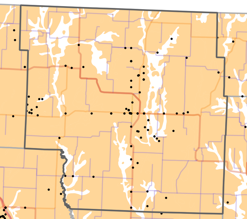 Presettlement prairie locality map for Nodaway County, Missouri