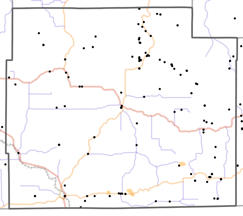 Presettlement prairie locality map for Oregon County, Missouri