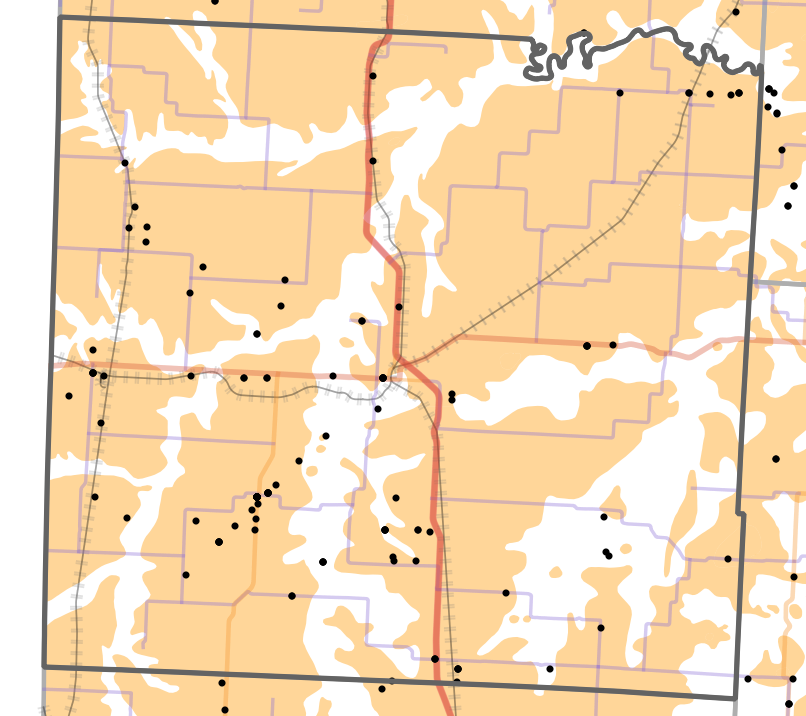 Presettlement prairie locality map for Vernon County, Missouri