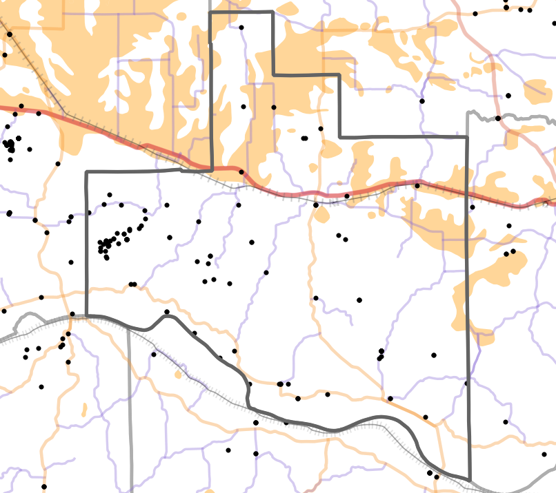 Presettlement prairie locality map for Warren County, Missouri