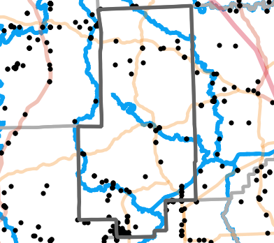 Major rivers locality map for Bollinger County, Missouri