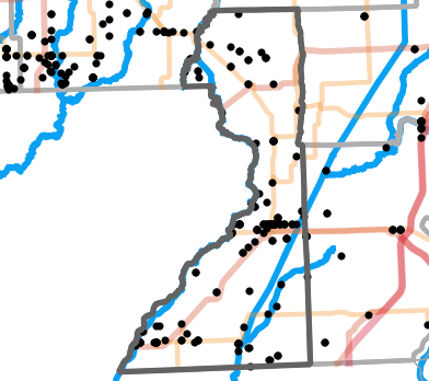 Major rivers locality map for Dunklin County, Missouri