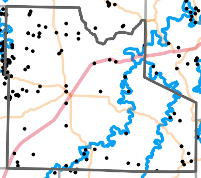 Major rivers locality map for Laclede County, Missouri