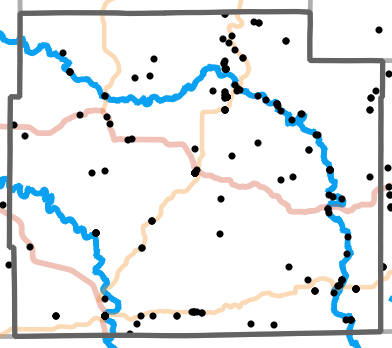 Major rivers locality map for Oregon County, Missouri