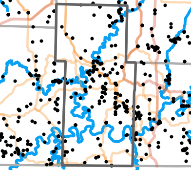 Major rivers locality map for Stone County, Missouri