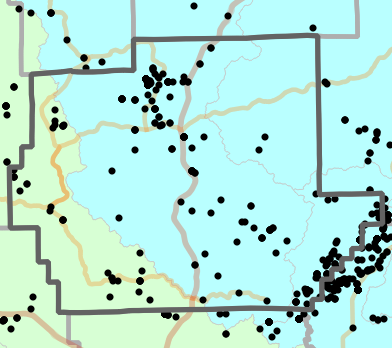 Major watersheds locality map for Wayne County, Missouri
