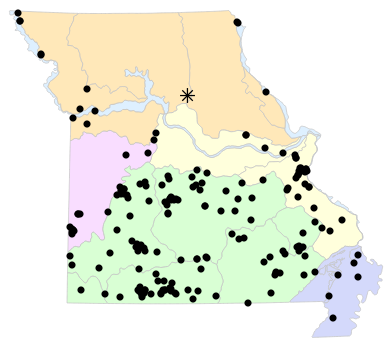 Natural Divisions locality map for Aspidoscelis sexlineatus (Prairie Racerunner)