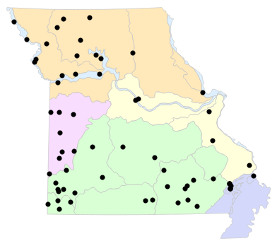 Natural Divisions locality map for Dryophytes chrysoscelis (Cope