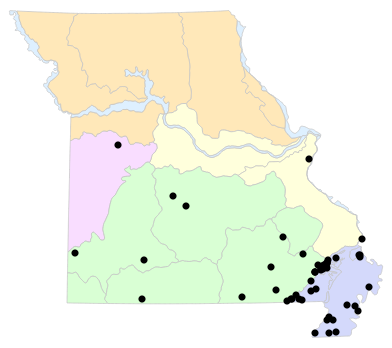 Natural Divisions locality map for Dryophytes cinereus (Green Treefrog)