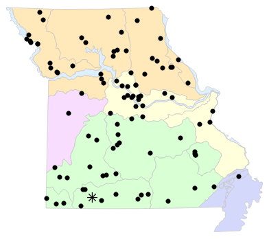 Natural Divisions locality map for Dryophytes versicolor (Gray Treefrog)