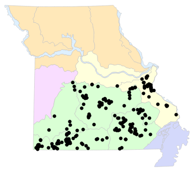 Natural Divisions locality map for Eurycea lucifuga (Cave Salamander)