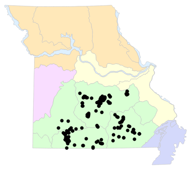 Natural Divisions locality map for Eurycea nerea (Northern Grotto Salamander)