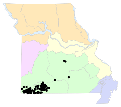 Natural Divisions locality map for Eurycea tynerensis (Oklahoma Salamander)