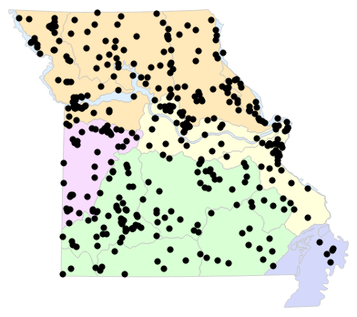 Natural Divisions locality map for Lampropeltis calligaster (Prairie Kingsnake)