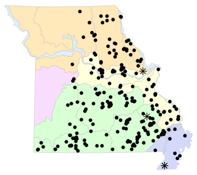 Natural Divisions locality map for Lithobates clamitans (Green Frog)