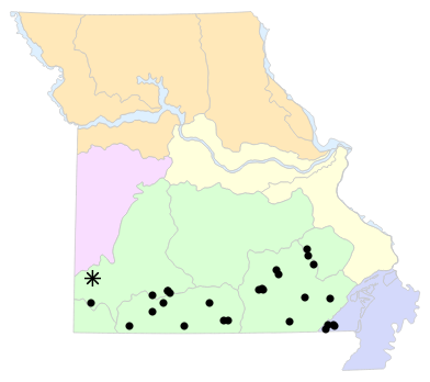 Natural Divisions locality map for Necturus louisianensis (Red River Mudpuppy)