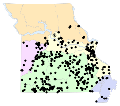 Natural Divisions locality map for Sceloporus consobrinus (Prairie Lizard)