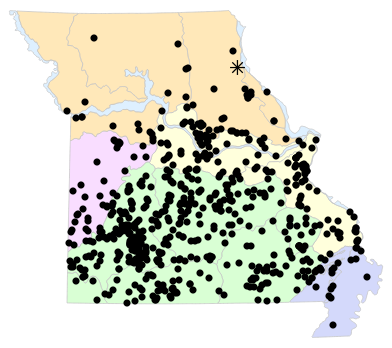 Natural Divisions locality map for Terrapene triunguis (Three-toed Box Turtle)