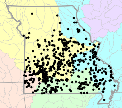 Major watersheds map for Terrapene triunguis (Three-toed Box Turtle)